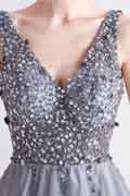 Grau V-Schnit Pailletten Tüll Party Cocktailkleid