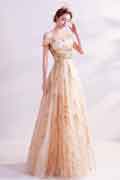 Gold Classic Off Shoulder A-line Evening Dress Prom Gown