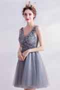 Grau V-Schnit Pailletten Tüll Party Cocktailkleid