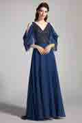 Bleu V-Cut Brodée à Manches Robe de Soirée
