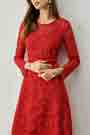 Red Round Neck Longe Sleeves Lace Dress Day Wear