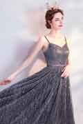 Gris Spaghetti Paillettes Robe de Soirée Longue