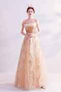 Gold Classic Off Shoulder A-line Evening Dress Prom Gown