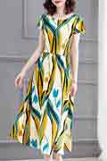 New Women Shiny Blue&Yellow Chiffon Summer Party Maxi Silk Dress