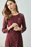 Burgundy Round Neckline Long Sleeves Lace Partydress / Daywear