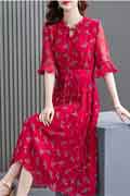 New Red Floral Print Mid Sleeves Summer Holiday Chiffon Dress