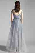 Grey OFF Shoulder Pleated Shiny Party Evening Dress