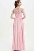 Pink Illusion Lace Neckline Long Elegant Bridesmaid Dresss