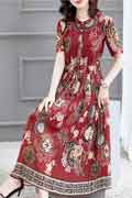 New Burgundy Floral Printed Short Sleeves Party Maxi Dress