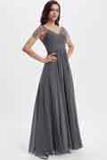 Grey Shiny Beads Cap Sleeves V-Cut Bridesmaid Dress