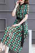New Women Green UP-Collar Printed Floral Party Summer Dress