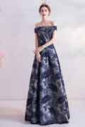 Blue Print Off Shoulder Empire Party Prom Evening Dress