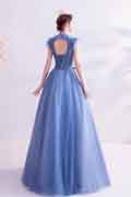 New Blue High Neck Embroidery Party Evening Dress