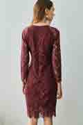 Burgundy Round Neckline Long Sleeves Lace Partydress / Daywear