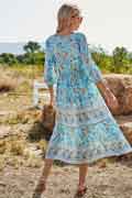 Women 3/4 Sleeves Holiday Dress Floral Print V Neck Summer Mixi Dress