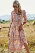 Women 3/4 Sleeves Holiday Dress Floral Print V Neck Summer Mixi Dress