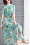 Women's Green Floral Printed Chiffon Holiday Party Maxi Dress