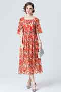 Women's Printed Midi Dress Short Sleeve Floral Silk Party Dress