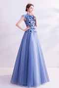 New Blue High Neck Embroidery Party Evening Dress