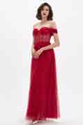 Red OFF Shoulder Polyester Boned Sheer Shiny Tulle Dress