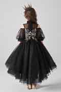 New Black High Collar Short Sleeves Flower Girl Dress
