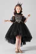 New Black High Collar Short Sleeves Flower Girl Dress