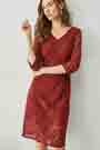 Burgundy V-Cut Half Sleeves Lace Appliques Party / Day Dress