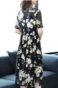 Women Black White Floral Printed Party Summer Holiday Silk Dress