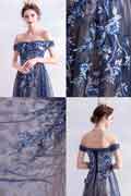 Blue Sexy OFF Shoulder Embroidery Tulle Party Evening Gown