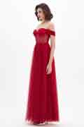 Red OFF Shoulder Polyester Boned Sheer Shiny Tulle Dress