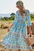 Women 3/4 Sleeves Holiday Dress Floral Print V Neck Summer Mixi Dress