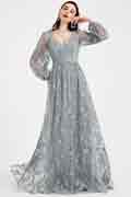 Vestido de noche de tul de encaje de manga larga gris