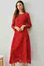 Red Round Neck Longe Sleeves Lace Dress Day Wear