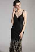 New V-Cut Gradient Black-Gold Shiny Party Evening Dress