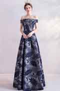 Blue Print Off Shoulder Empire Party Prom Evening Dress