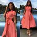 New Summer Short Sleeves Button Front Bowtie Belt Dress S-XXL