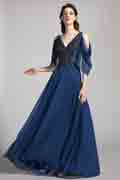 Bleu V-Cut Brodée à Manches Robe de Soirée