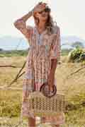 Women 3/4 Sleeves Holiday Dress Floral Print V Neck Summer Mixi Dress
