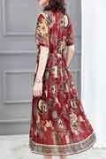 New Burgundy Floral Printed Short Sleeves Party Maxi Dress