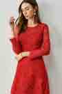 Red Round Neck Longe Sleeves Lace Dress Day Wear