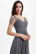 Grey Shiny Beads Cap Sleeves V-Cut Bridesmaid Dress
