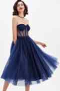 Navy Blue Corset Polyester Bone Tulle Cocktail Dress