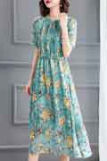 Women's Green Floral Printed Chiffon Holiday Party Maxi Dress