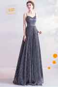Gris Spaghetti Paillettes Robe de Soirée Longue