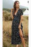 Women Summer Bohemian Floral Printed V Neck Beach Party Midi Dress