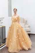 New Gold Off Shoulder Shiny Party Evening Prom Dress