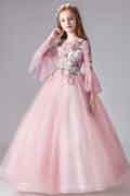 Pink Lace Tulle Trumpet Sleeves Flowergir Dress
