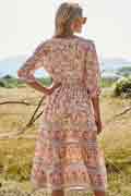 Women 3/4 Sleeves Holiday Dress Floral Print V Neck Summer Mixi Dress