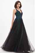 Robe de Soirée Vert Brillant & Tulle Noir à V Col