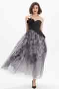 Schwarz Korsett bedruckt Cocktail Tüll Partykleid